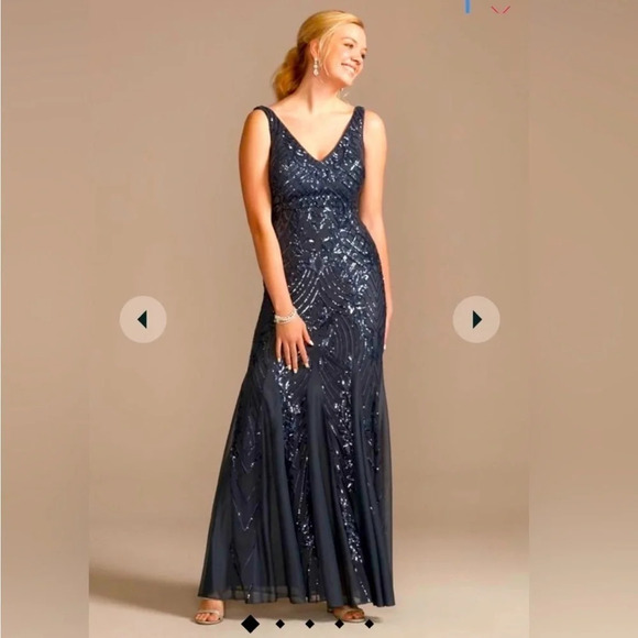 GALINA SIGNATURE Gunmetal Blue Sequins Vneck Sheath Formal Gown Dress - Picture 1 of 13